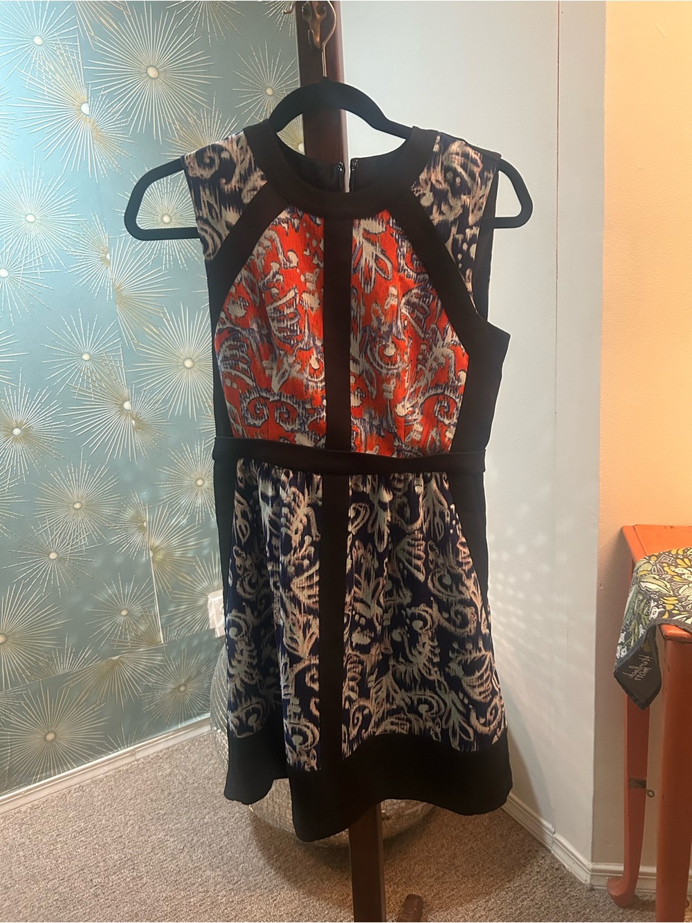BCBGMaxAzria Black and Red Patterned Fit-and-Flare Mini Dress